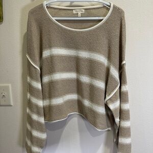 Promesa Beige and White Striped Crew Neck Sweater